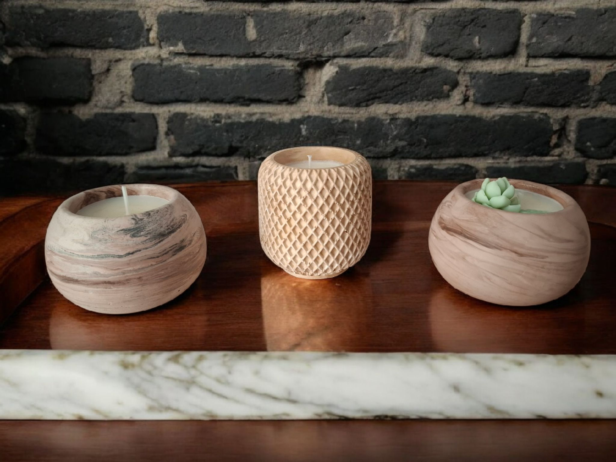 Minimalist handmade candle in gypsum container, sustainable soy wax.