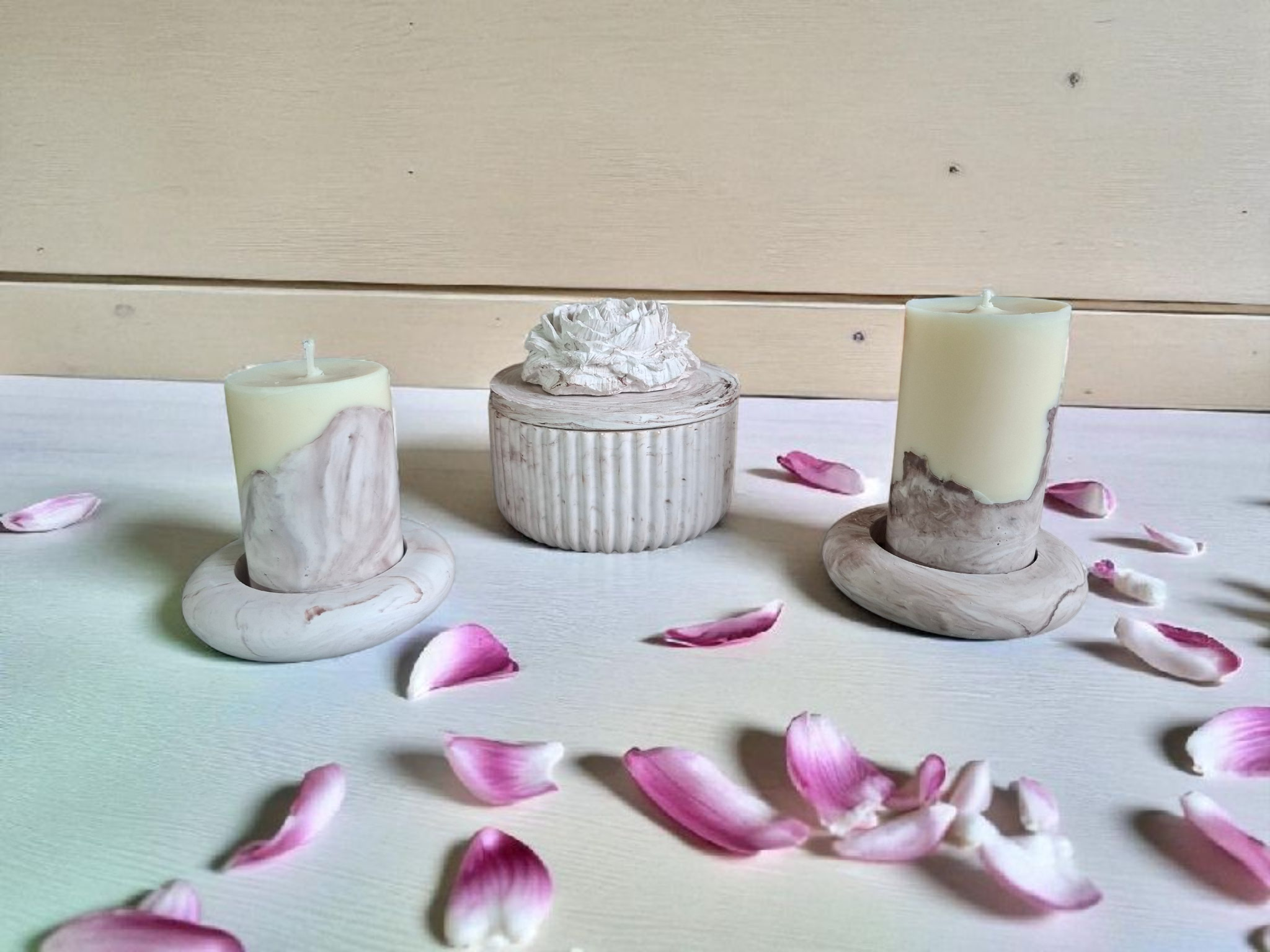 Minimalist handmade candle in gypsum container, sustainable soy wax.
