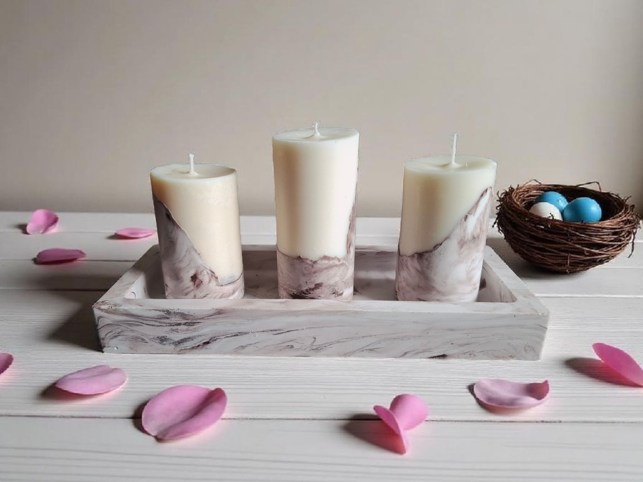 Minimalist handmade candle in gypsum container, sustainable soy wax.