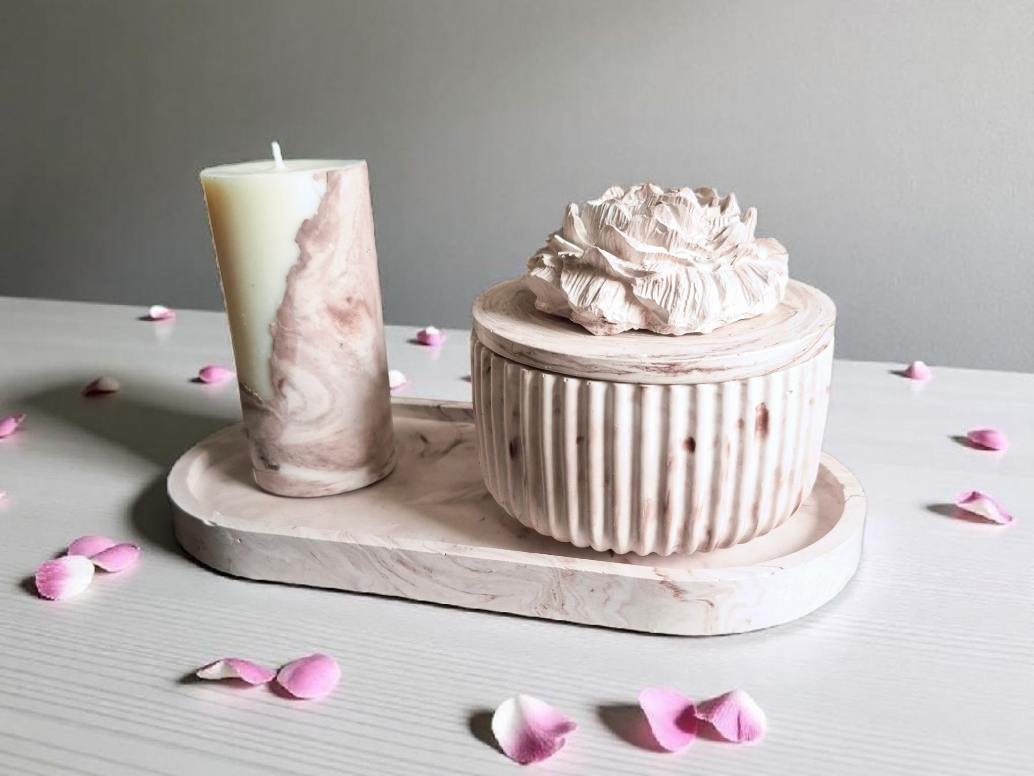 Minimalist handmade candle in gypsum container, sustainable soy wax.