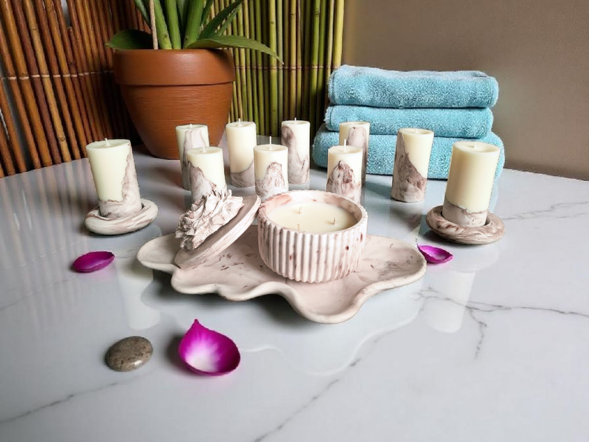 Minimalist handmade candle in gypsum container, sustainable soy wax.