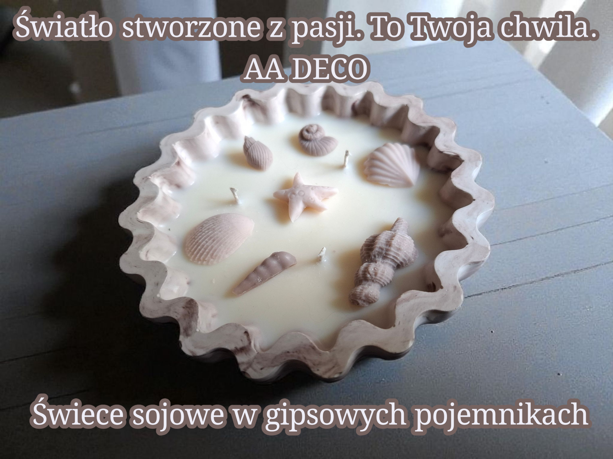 Minimalist handmade candle in gypsum container, sustainable soy wax.