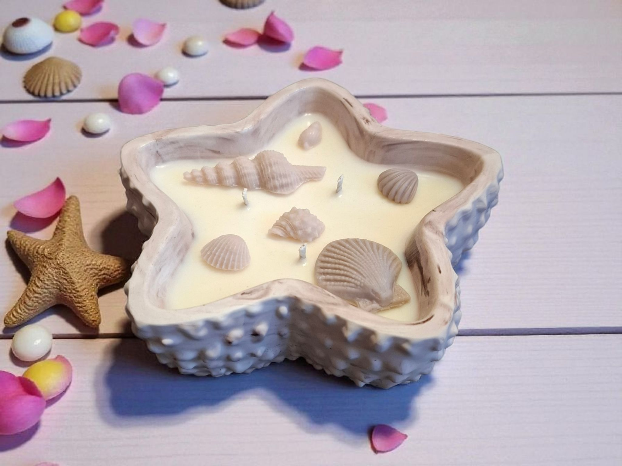 Minimalist handmade candle in gypsum container, sustainable soy wax.