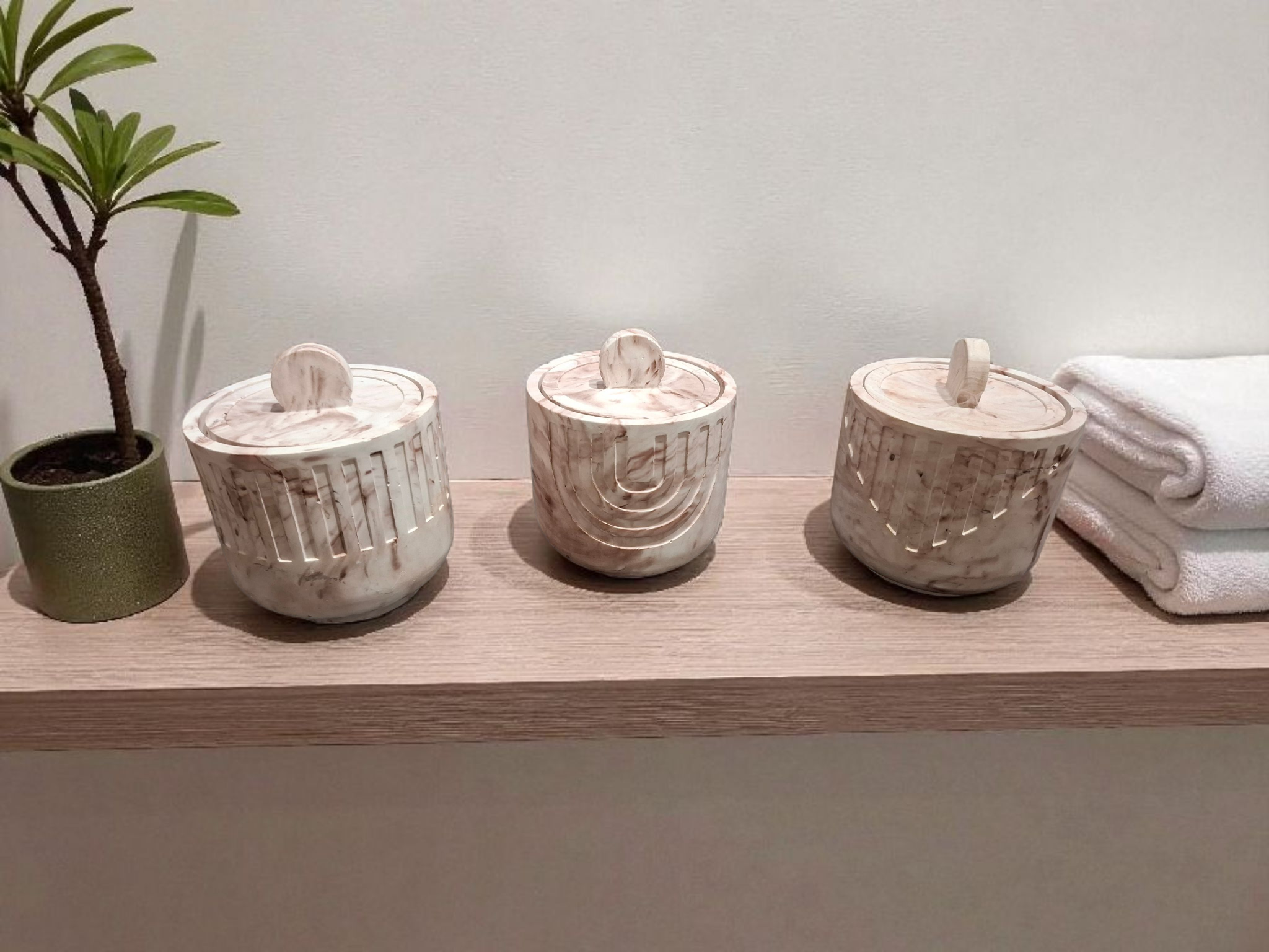 Minimalist handmade candle in gypsum container, sustainable soy wax.
