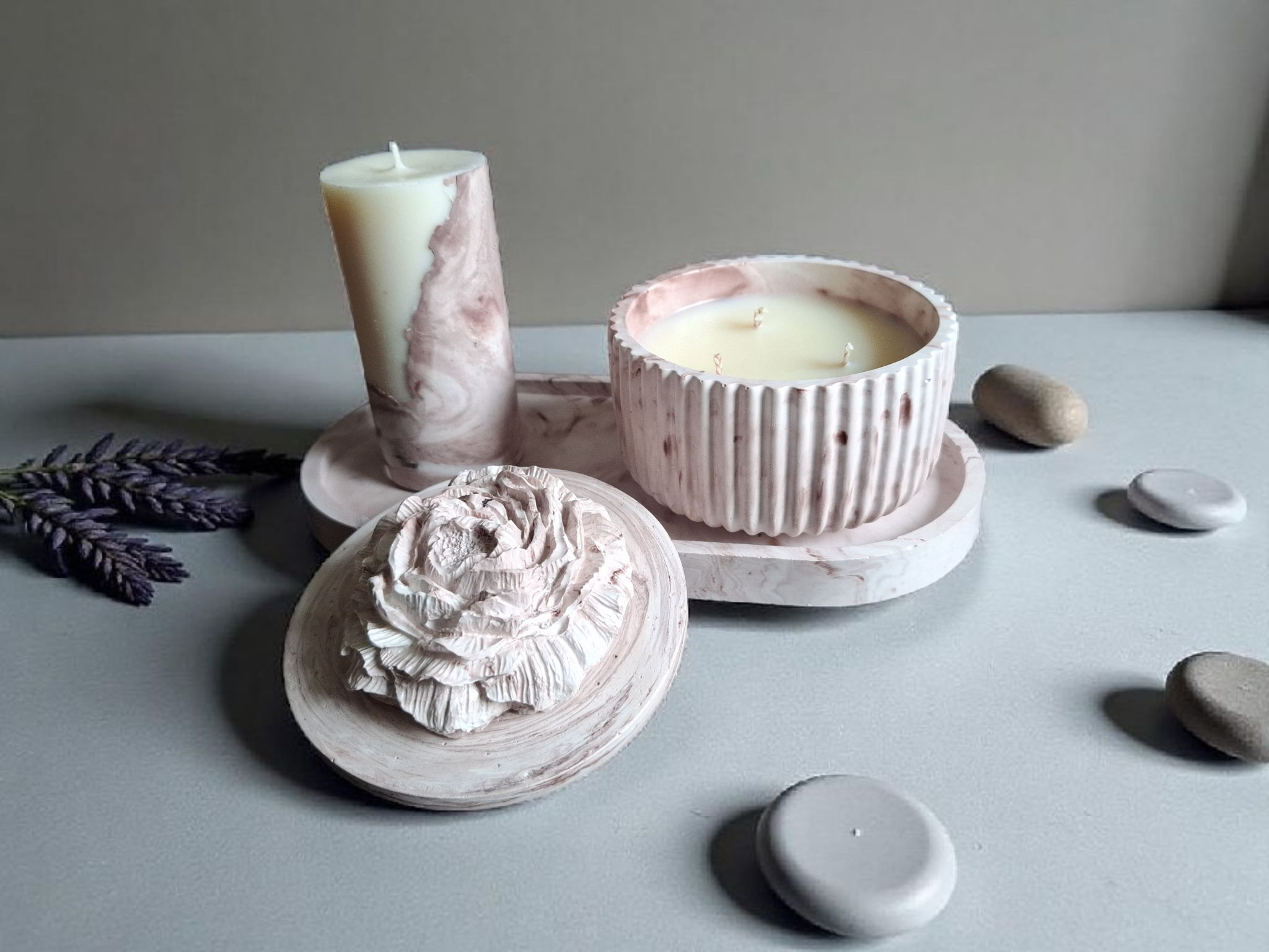 Minimalist handmade candle in gypsum container, sustainable soy wax.