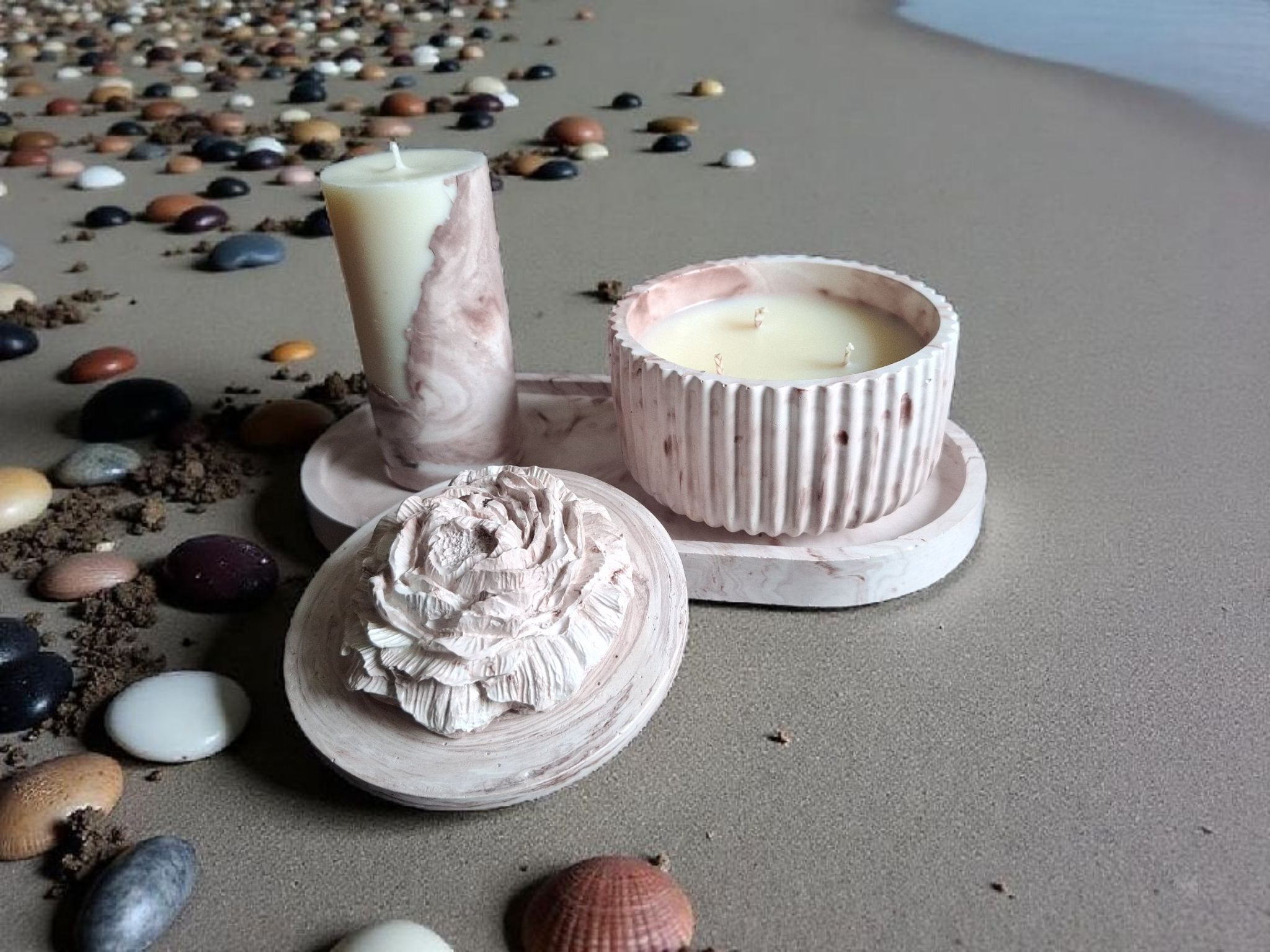 Minimalist handmade candle in gypsum container, sustainable soy wax.